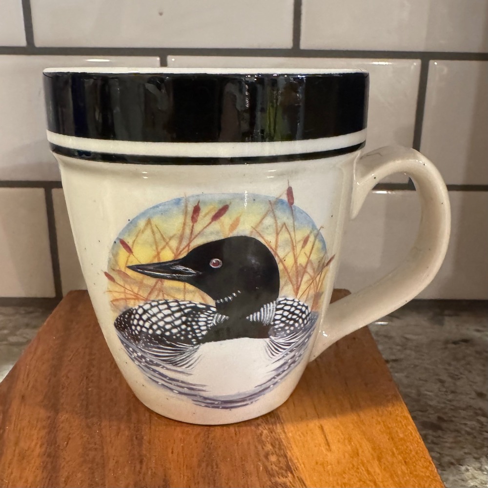 Folkcraft Stoneware Loon Lake Mug by Scotty Z Black Rim Bird Nature Coffee Cup